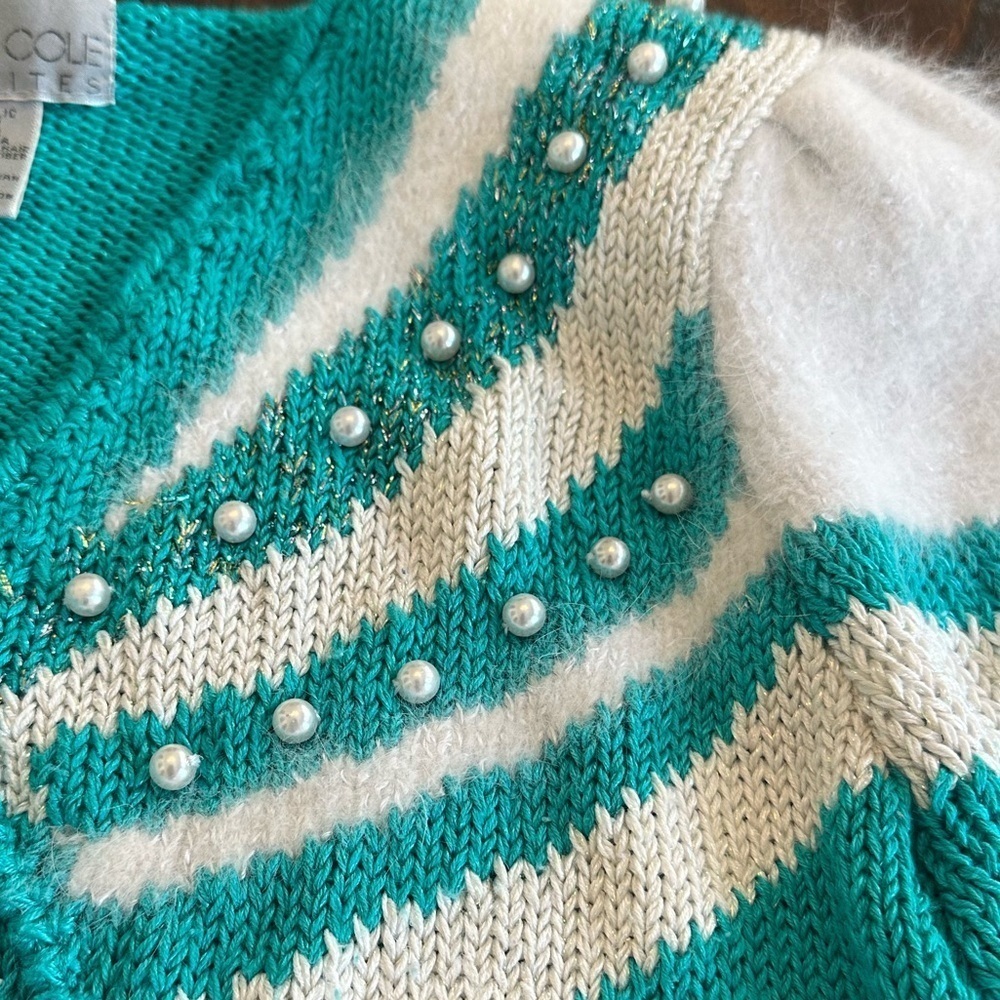 Lauren Cole | 80s Teal & White Angora Embellished Sweater - Picture 3 of 8